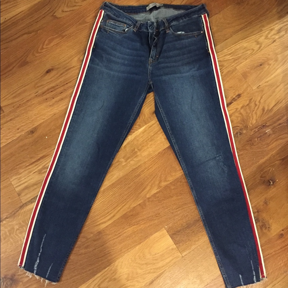 ZARA dark blue mid rise jeans with red stripe